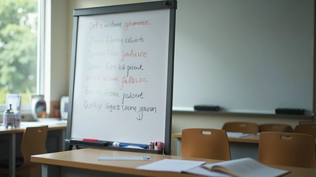 Grammar chart showing singular and plural subject verb pairs displayed on classroom whiteboard