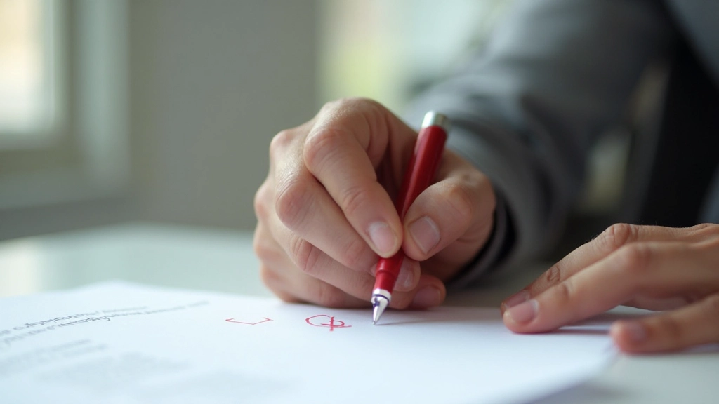 Close-up of red pen marking grammatical errors in written text on white paper