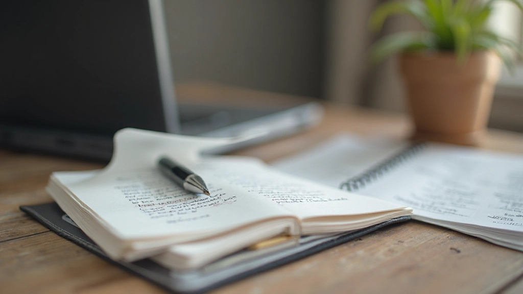 Notebook with handwritten notes, pen, and grammar guide for English composition study