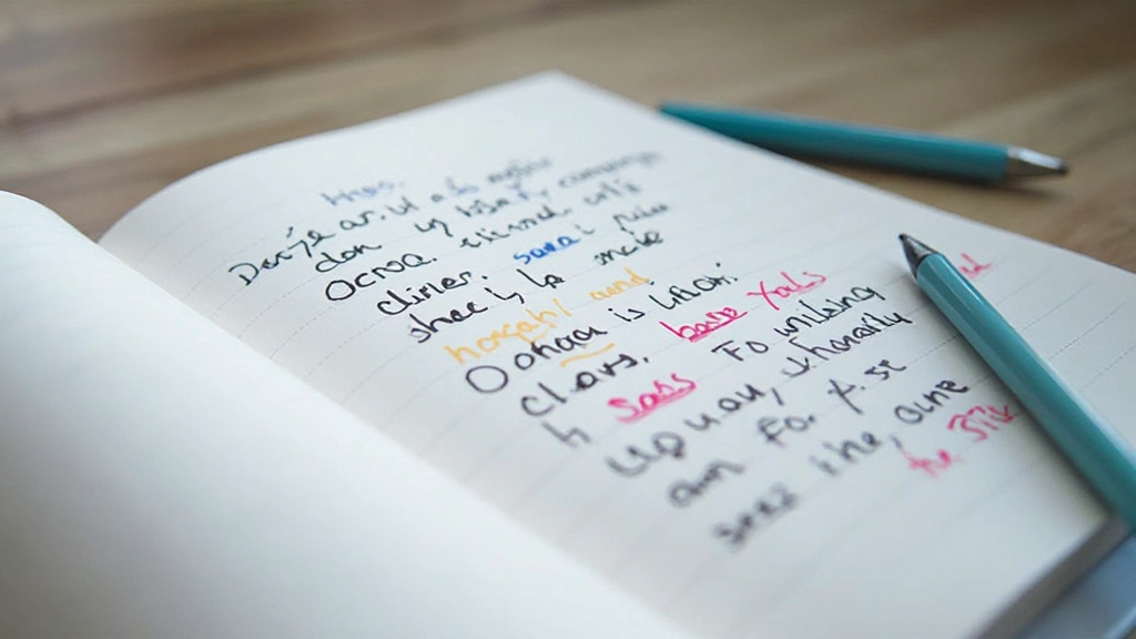 Handwritten text with comma placements highlighted in different colors showing correct comma usage