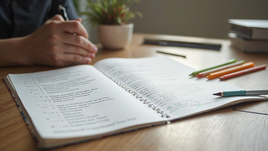 Open notebook with grammatical notes and colored pens on a clean desk