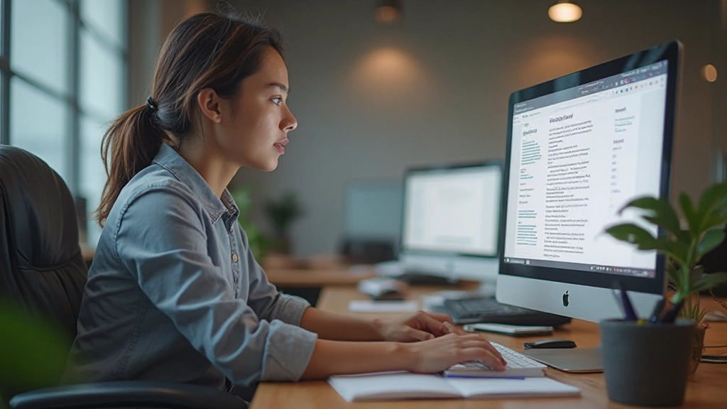 Person editing document on computer screen with notes and reference materials nearby