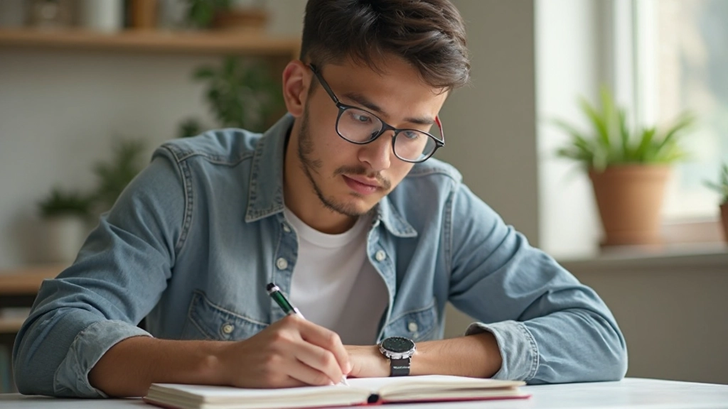 Person writing actively on notebook with pen, focused expression, natural sunlit workspace