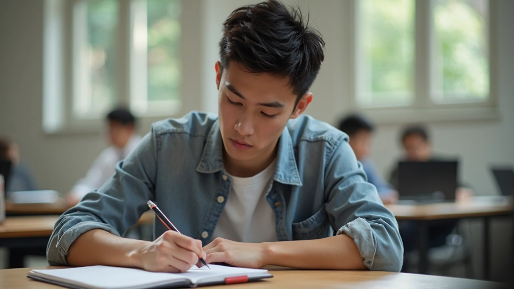 Student writing notes in grammar workbook with focused expression and pen in hand