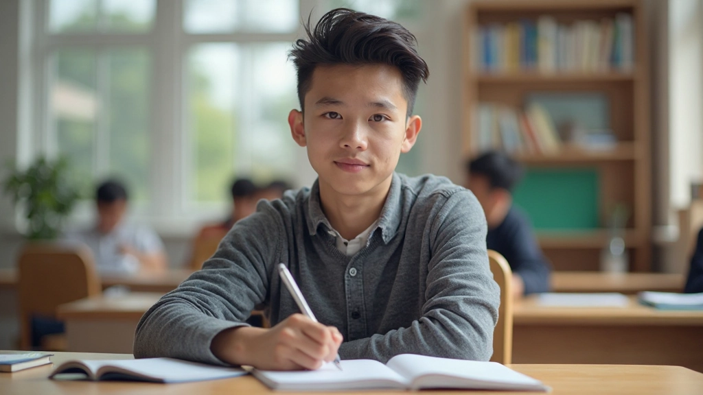 Student studying English grammar with notebook and reference materials in bright learning space