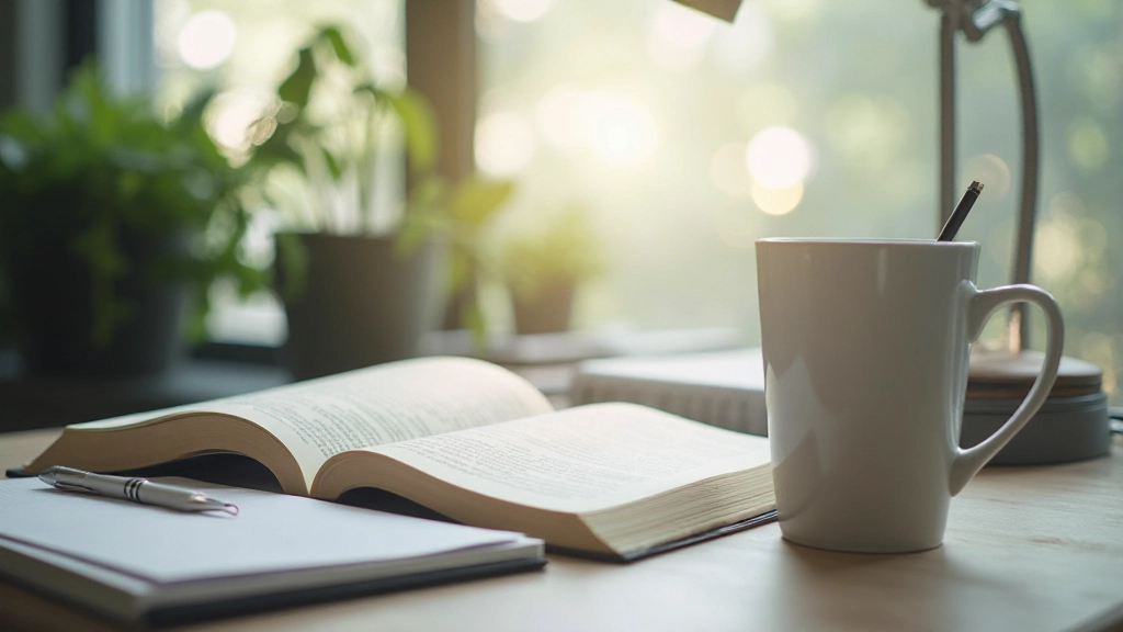 Organized learning workspace with grammar reference books, notebook, and writing materials neatly arranged