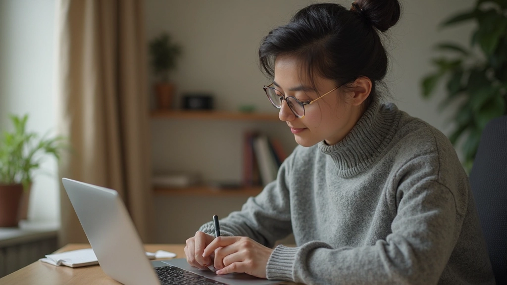 Writer's desk with laptop, dictionary, and coffee cup for composition practice