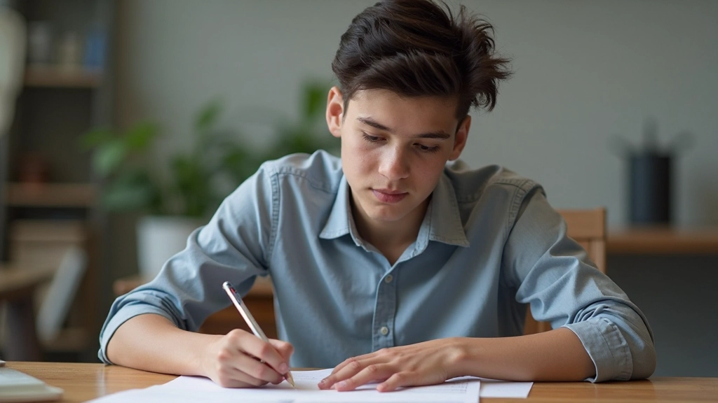 Student writing at desk with pen and paper, concentrating on correcting written work